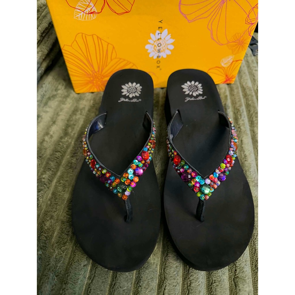 Yellow Box Womens 10 Black Twiggy Flip Flops Platform Rhinestone Wedge Sandal